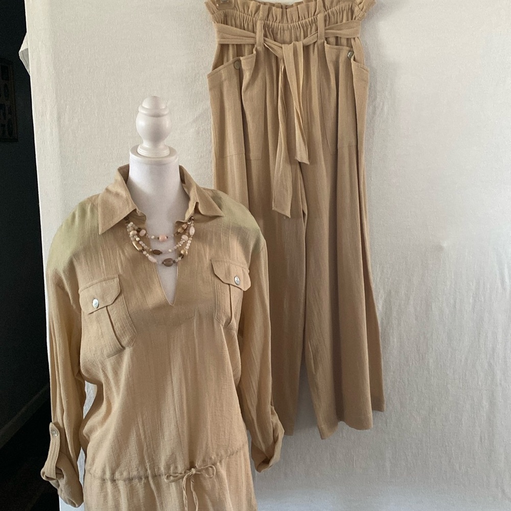 Tunic Pant Set Oatmeal V-Neck Long Sleeve Wide Leg Pants by Spiegel Size 8